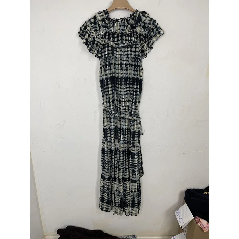 WILA STORY Womens Large L Maxi Dress Black Grey Blue Tie Dye Ruffle Sleeve Belte